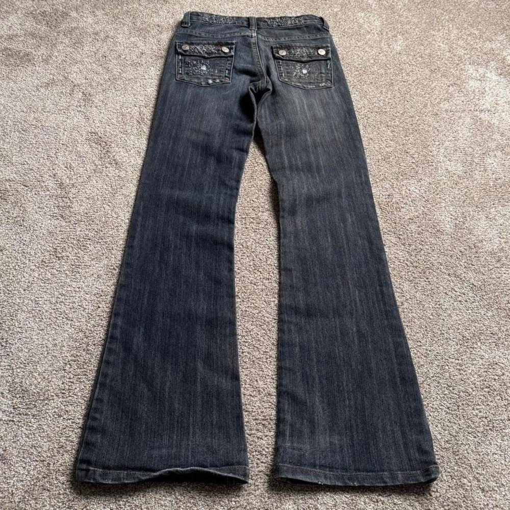 OXYGEN DISTRESSED BUTTON FLAP LOW RISE BOOTCUT DENIM